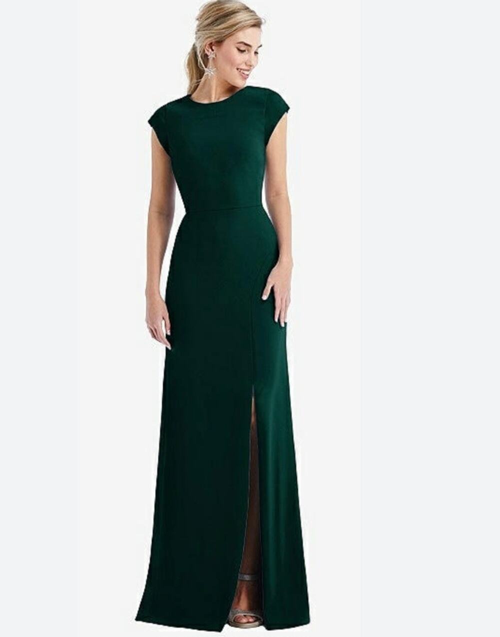 Dessy Collection Evergreen Crepe Cap Sleeve Open Back Trumpet Gown NWT 8